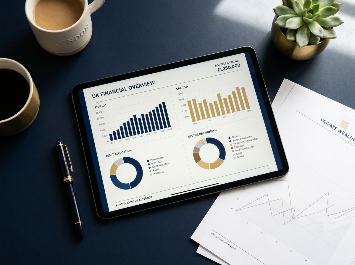 A UK financial planner reviewing portfolio reports on a tablet, modern office setting