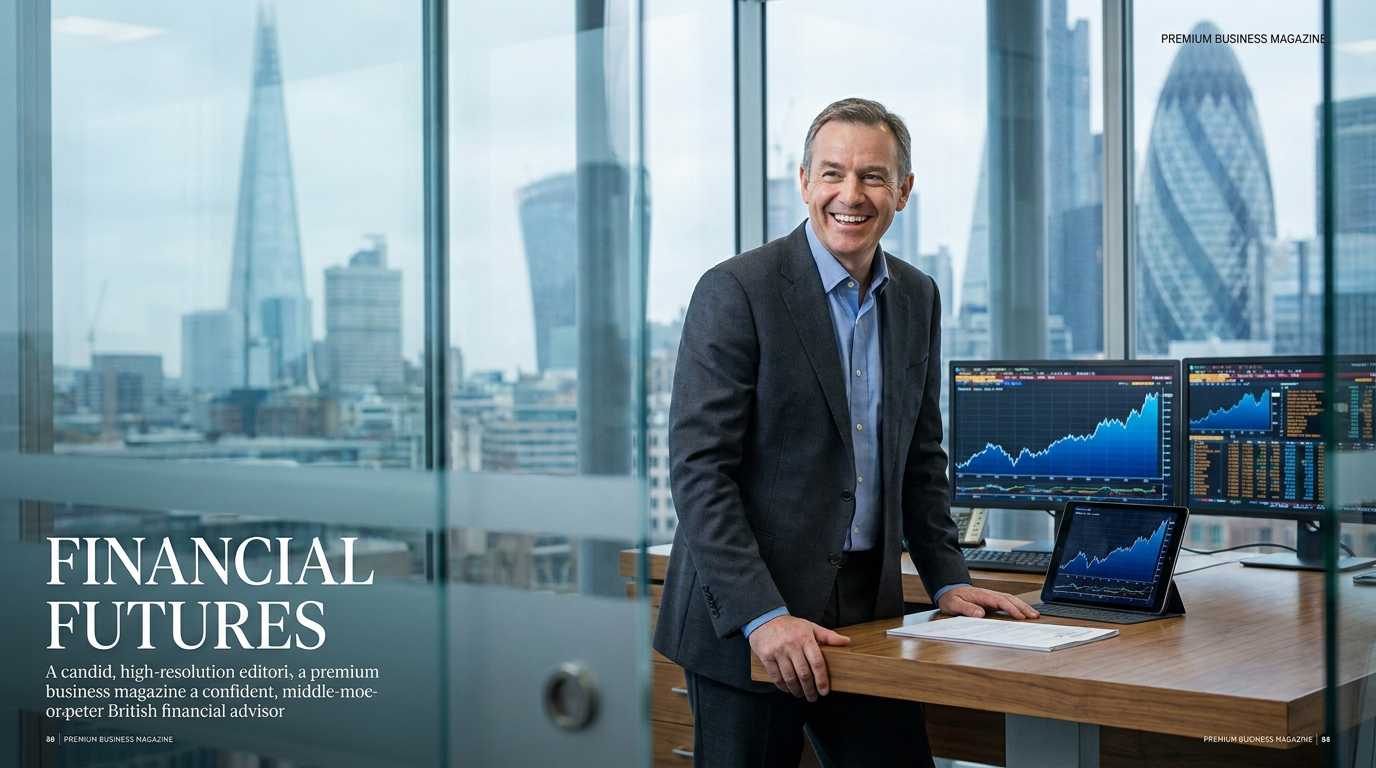 A UK financial services advisor reviewing market data in a modern City of London office
